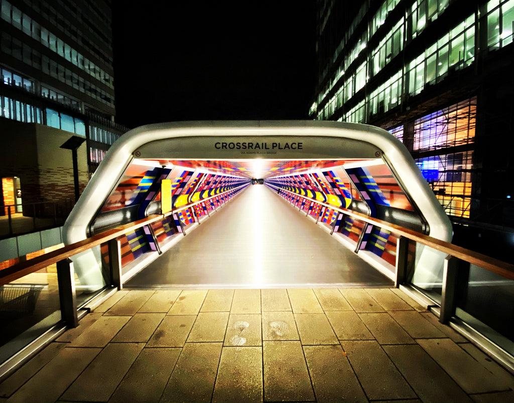 Crossrail Place tube station at night