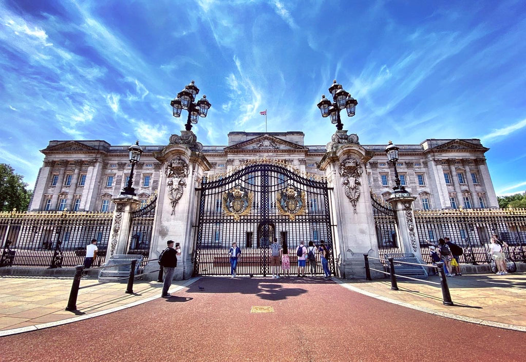 Buckingham Palace during lockdown under blue sky