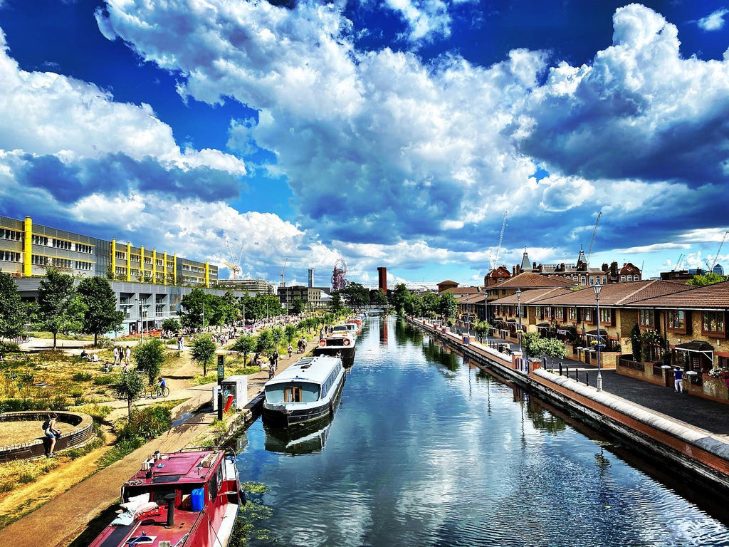 Hackney Wick Canal under cloudy sky