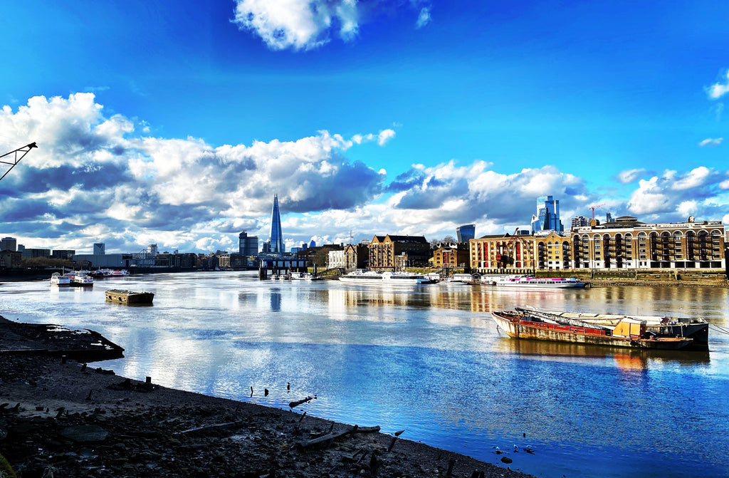 Rotherhithe beach with cloudy sky