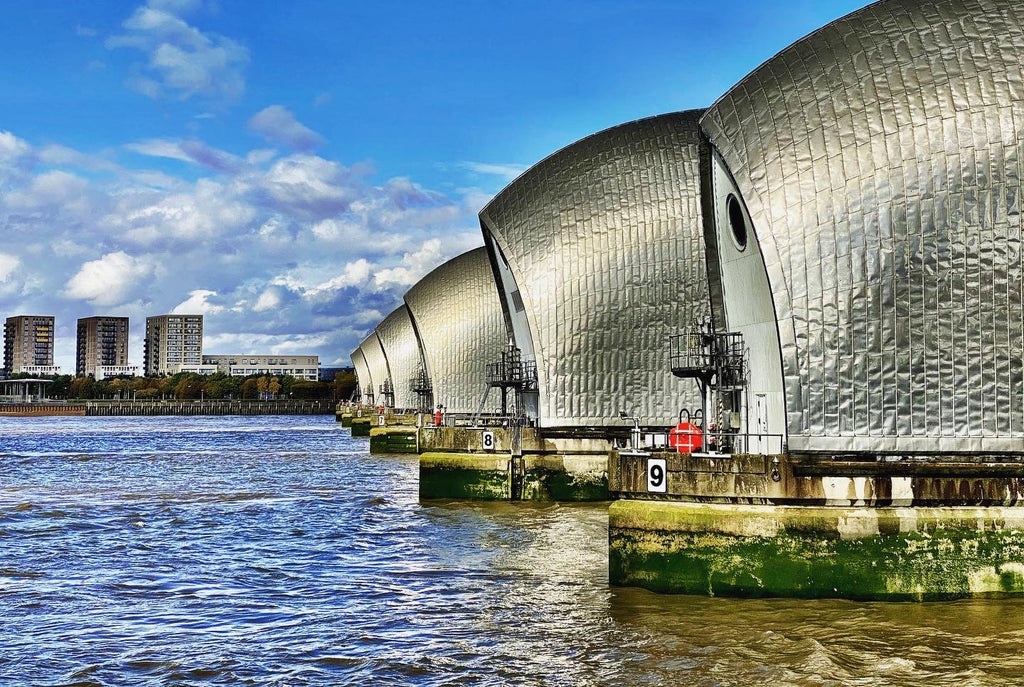 Thames Barrier with blue cloudy sky
